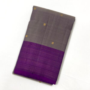 Kanchipuram Grey Silk Saree Square Butta With Contrast Purple Border
