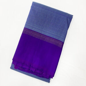 Kanchipuram Steel Blue Silk Saree With Golden Zari Checks With Navy Blue Border