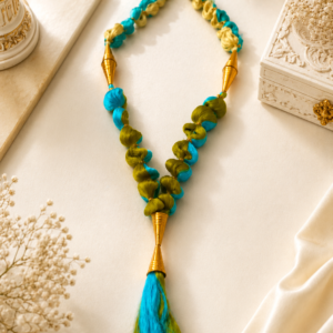Handmade Silk Thread Decorative Garland (Silk Thread Mala) | Turquoise blue, olive green, and ivory silk threads |