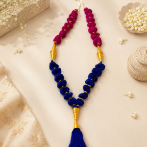 Handmade Silk Thread Garland | Royal blue and magenta silk thread flowers | Golden decorative cones